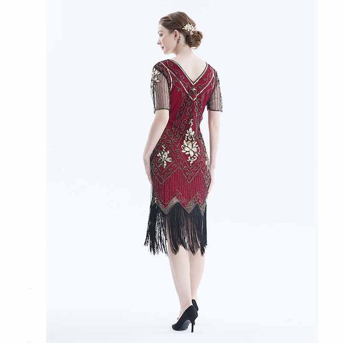 1920's Flapper Dress Short Sleeve V-Neck Fringe Sequin Beaded Dress