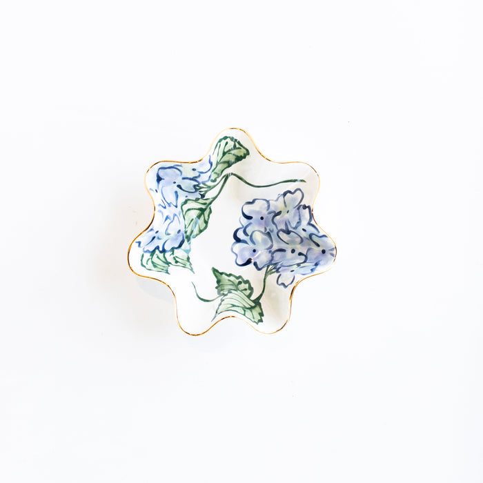 Adorn Blue Hydrangea Wavy Stoneware Bowl — overhead view of the wavy bowl and floral pattern; Susan Gordon Pottery
