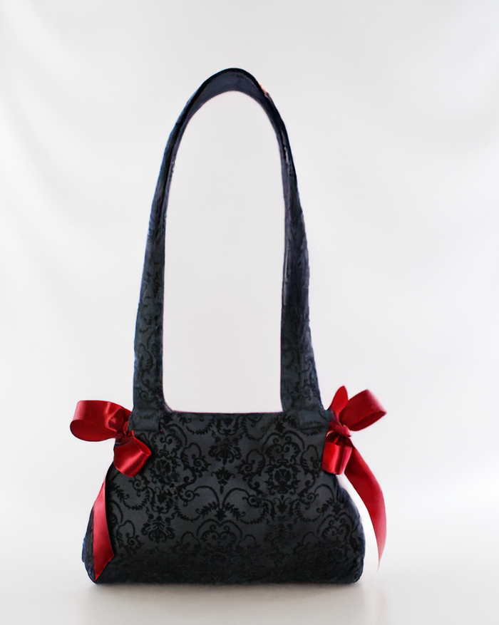 Black Damask Handbag with Red Ribbon Bows