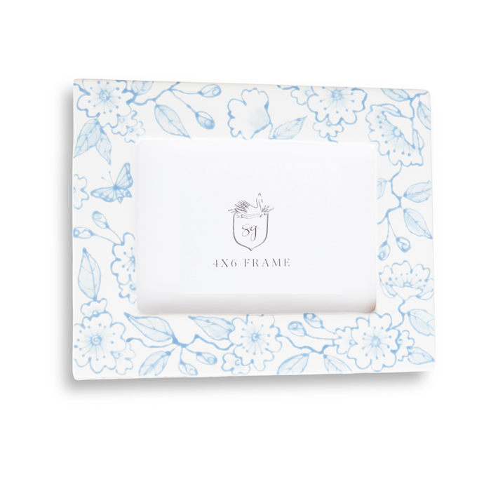 Blue Blossom Chinoiserie Ceramic Picture Frame — White frame in landscape position with sample insert; Susan Gordon Pottery
