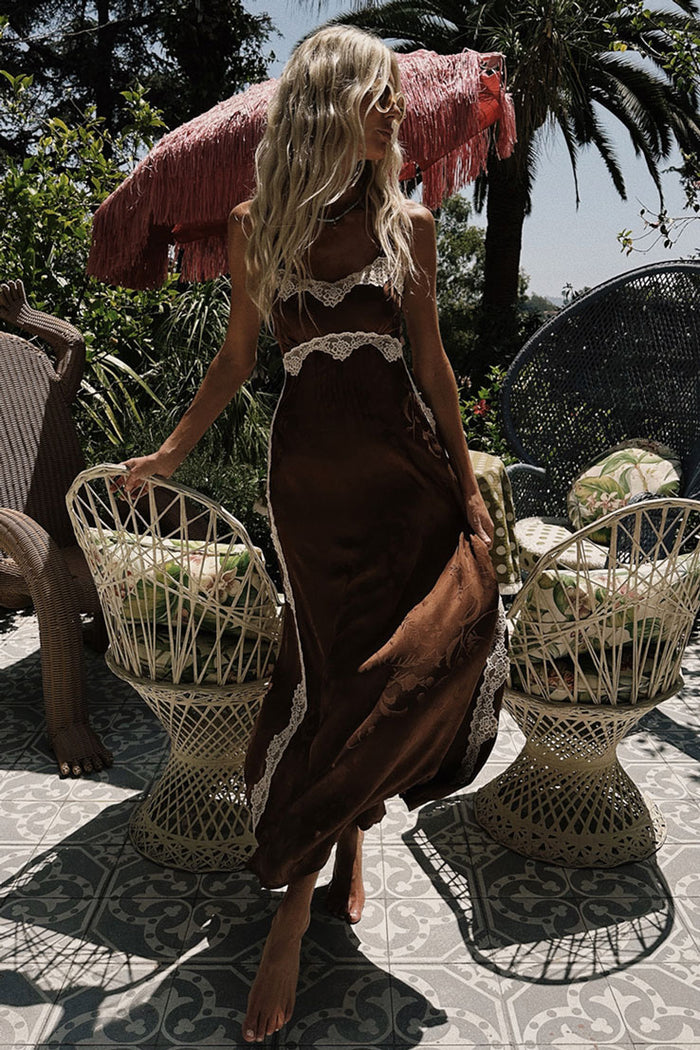 Spell women's Boudoir Slip Dress in Espresso brown with lace trim neckline, waist and side seams