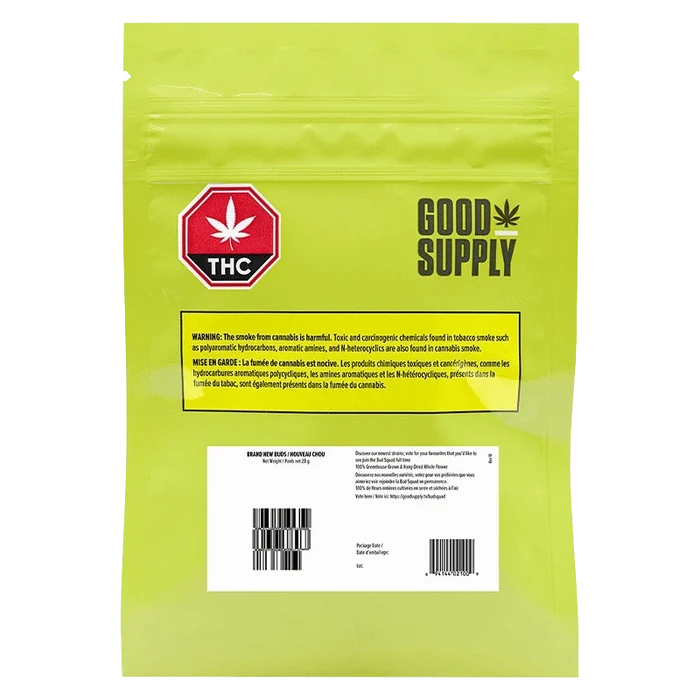 Front view of the “Brand New Buds” packaging with a warning about harmful chemicals also found in tobacco smoke.