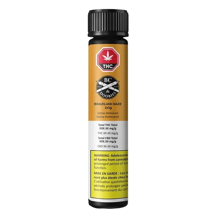 Front-facing shot of the cylindrical tube packaging labeled "Brazilian Haze PR 2 x 1 g" with a gold and white label, warning panel, and black screw cap.