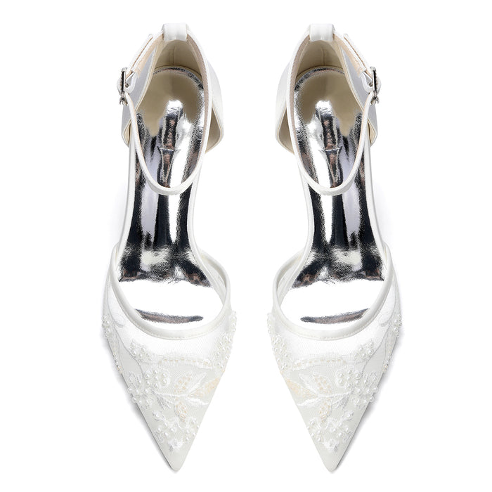 Bridal Shoes with Pearl Accents - Chunk Heel and Ankle Strap