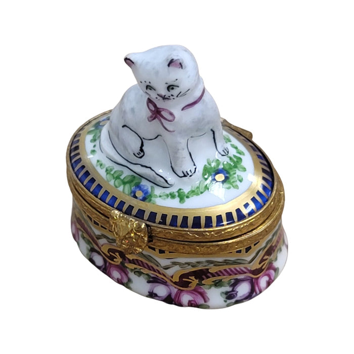 Cat Figurine on Floral Base Porcelain Limoges Cat French Trinket Box