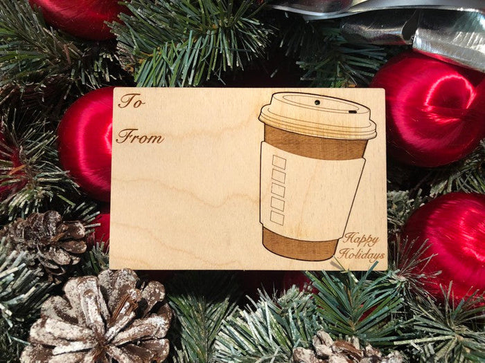 Coffee cup holiday card — card with pop-out wood coffee cup ornament, made in USA