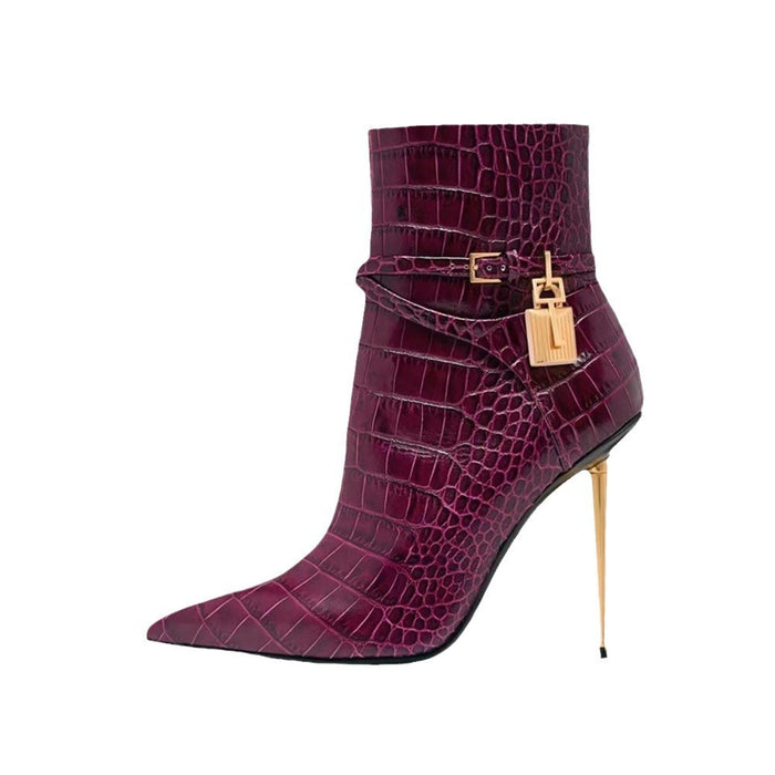Croc Embossed Ankle Boots with Buckle & Stiletto Heels