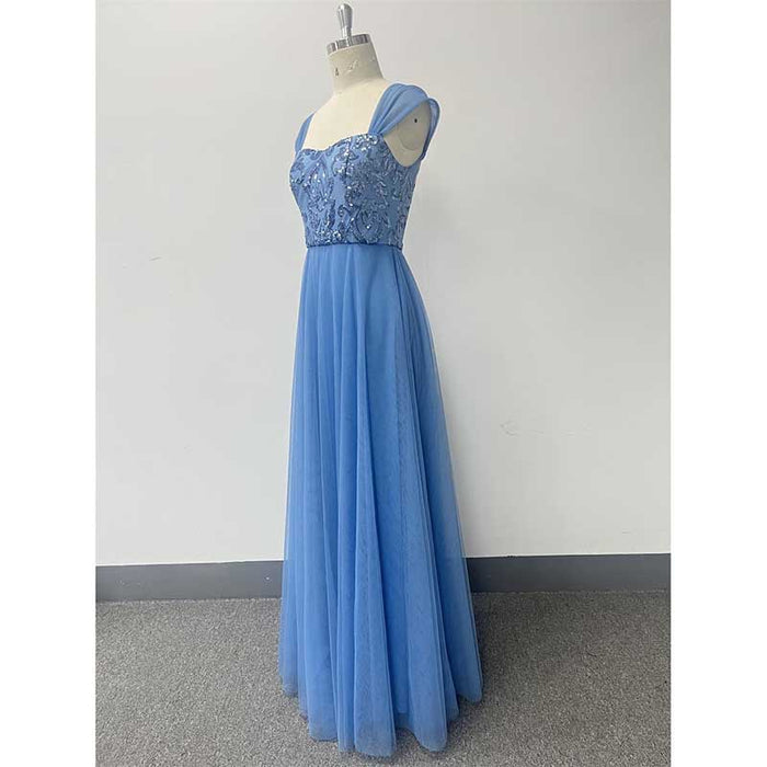 Dusty Blue Tulle Sequin Wedding Guest Dress Square-Neck Long Prom Dress