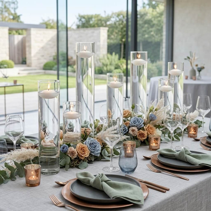 Centerpiece with floating candles in glass vases and flowers on a gold tray