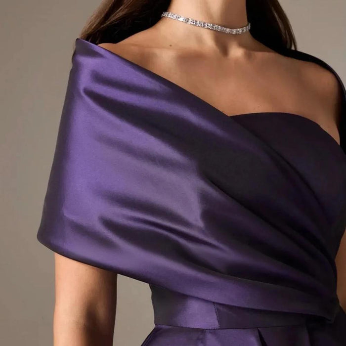 Elegant Eggplant Purple Evening Gown with Draped Off-Shoulder Neckline