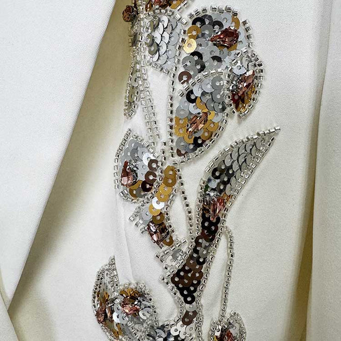 Elegant Women's White Sequin Floral Embroidered Blazer and Wide-Leg Pant Suit Set