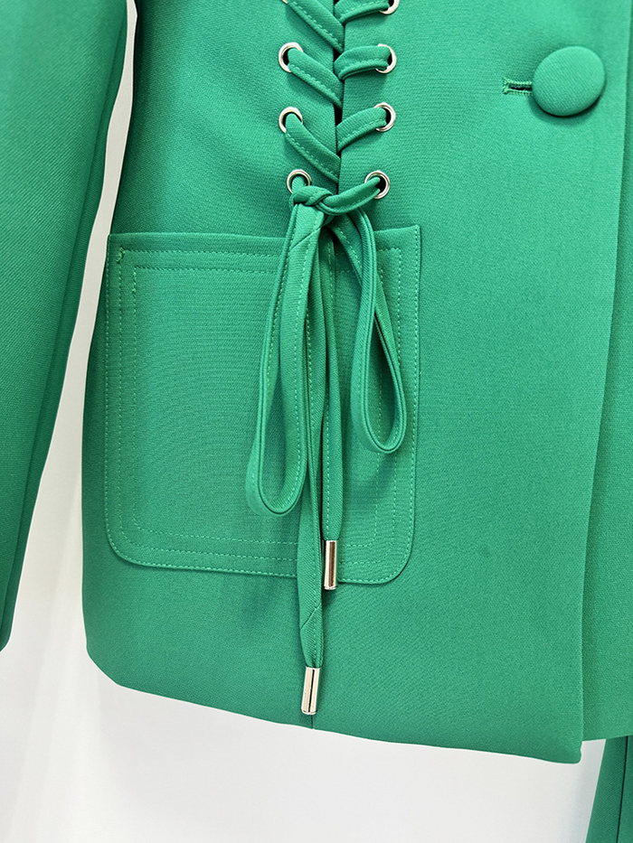Emerald Green Lace-Up Blazer & Wide Leg Pants Suit Set for Women - V-Neck Slim Fit Office Business Casual Trouser Suit