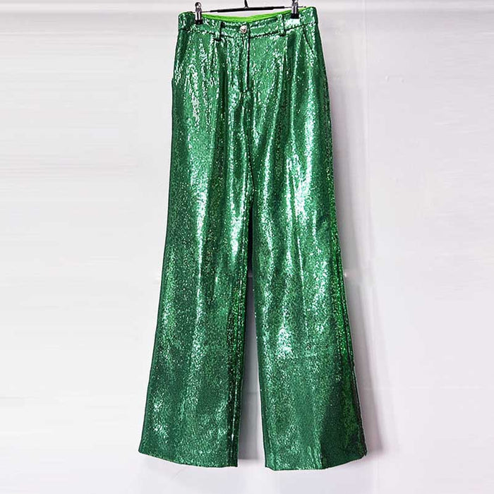 Emerald green sequin pantsuit for women featuring wide-leg design and sparkling finish