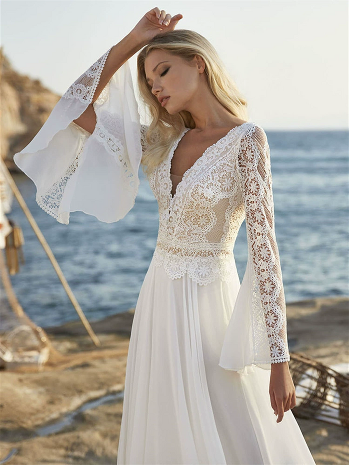 Ethereal Long-Sleeve Lace Wedding Dress with V-Neck & Flowing Tulle Skirt