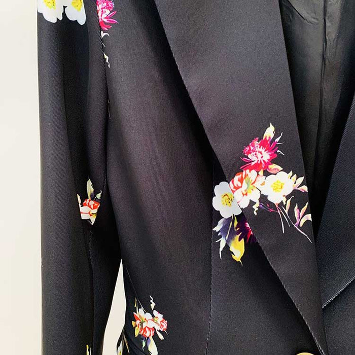 Floral Embroidered Pantsuit Black Power Suit with Flare Pants