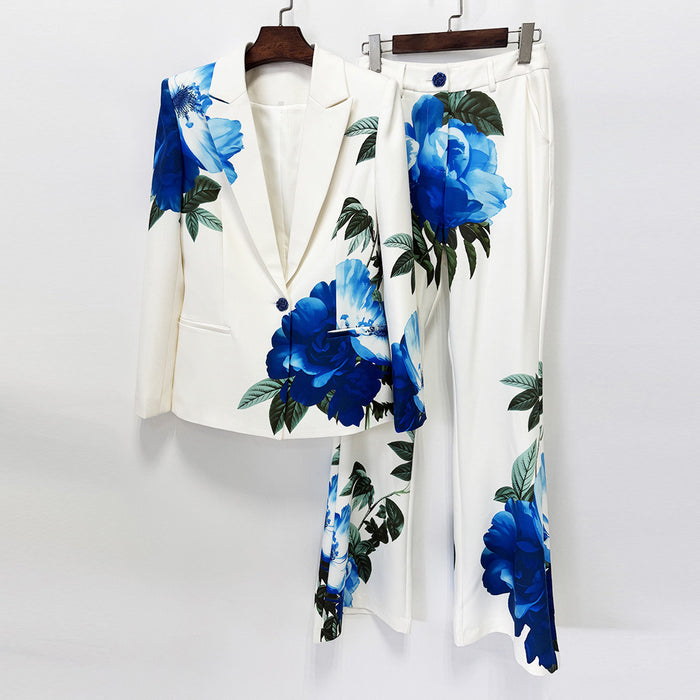 Floral Print Blazer Set | Elegant Suit with Bell Bottom Pants for Evening Party & Wedding Guest