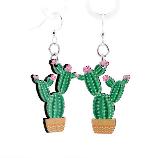 Flowering cactus earrings with blooming crown, eco-friendly jewelry made in USA