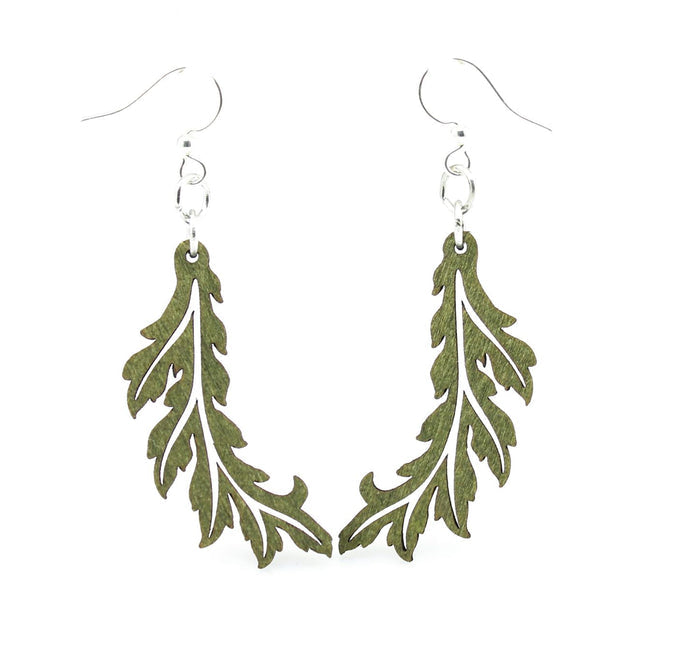 Flowing leaf earrings with curving stem, eco-friendly laser-cut jewelry made in USA