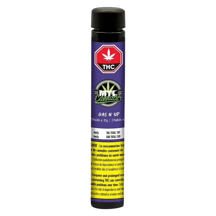 Gas N' Up Pre Rolled 3 x 0.5 g pre-rolls displayed against a dark background with warning text in French.