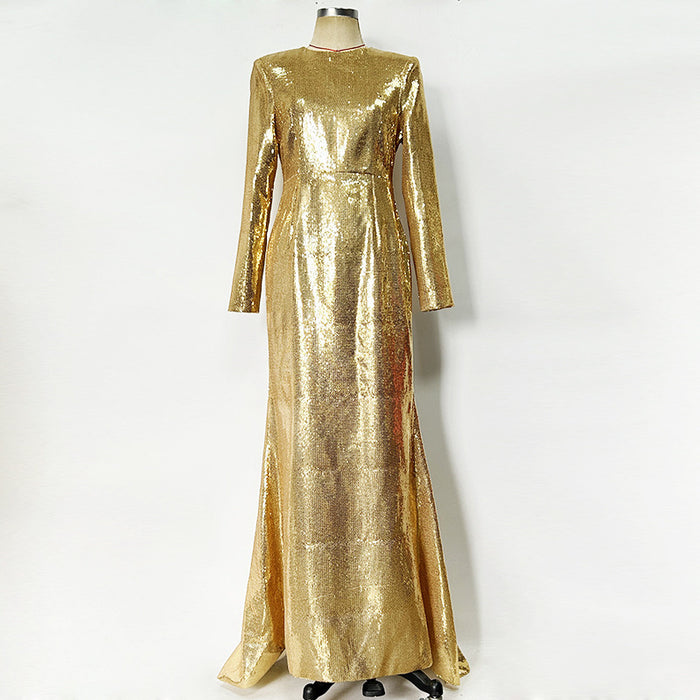 Gold Sequin Maxi Dress – Long Sleeve Elegant Evening Gown for Parties & Formal Events