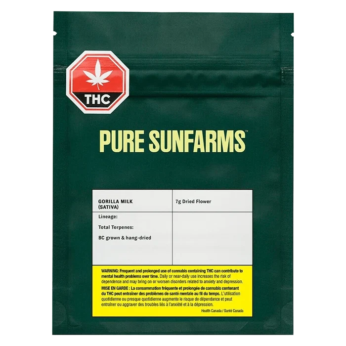 A close-up of the Pure Gorilla Milk packaging, displaying the title details and a cannabis leaf symbol against a dark background.
