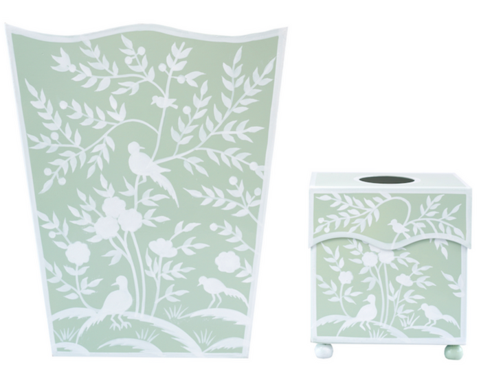 Green Bird and Vine Tissue Holder or Wastepaper Basket by The Enchanted Home