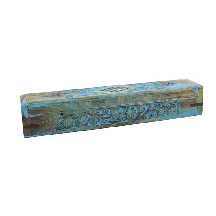 Hand Carved Wooden Incense Burner Box - Blue Floral - Smokin Resin Company
