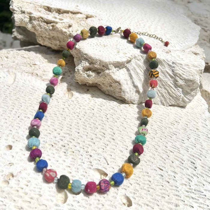 Kantha Bead Necklace Recycled Sari Fabric Handmade Colorful Ethnic Jewelry