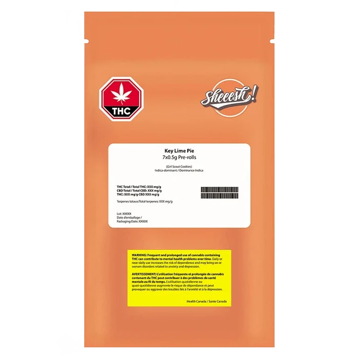 Key Lime Pie Pre Rolled 7 x 0.5 g pre-rolls in packaging, with text indicating THC content and a brand logo.