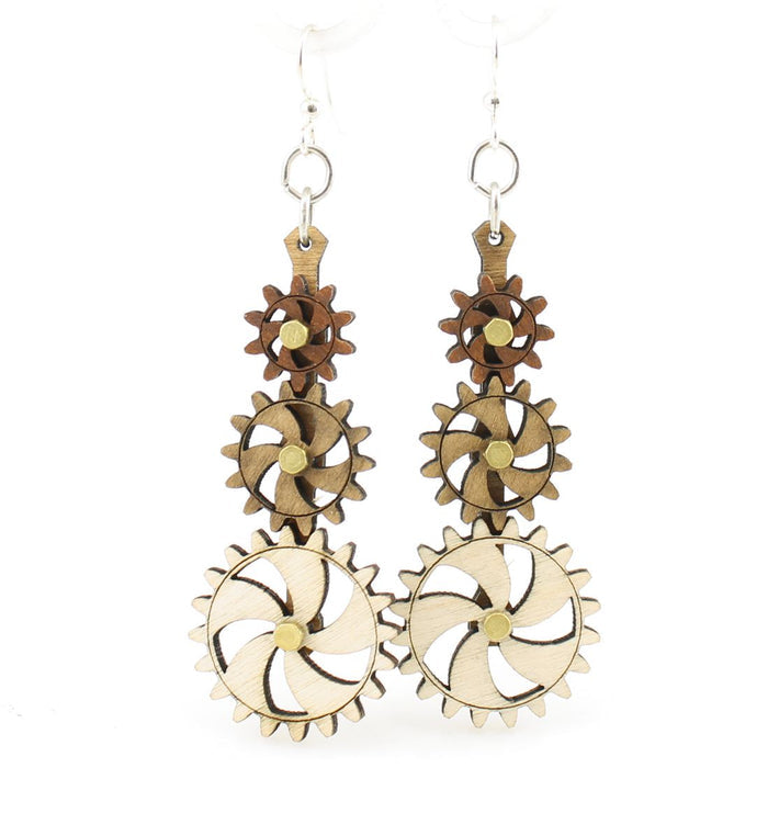 Kinetic steampunk gear earrings with interlocking turning gears, made in USA