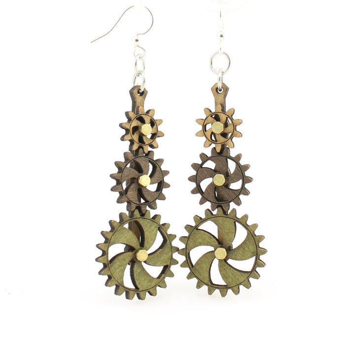 Kinetic steampunk gear earrings in fourth colorway, laser-cut and made in USA