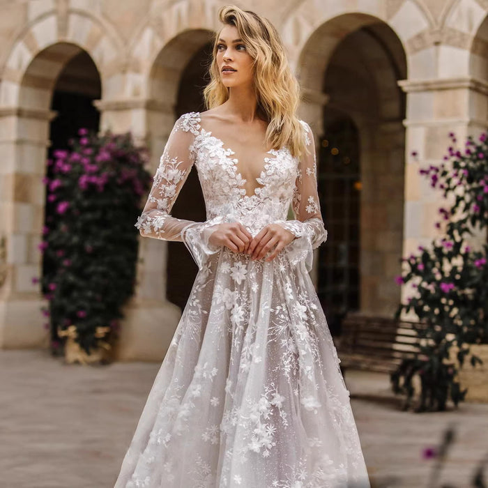 Lace Tulle Wedding Dress – Long Sleeve V-Neck, Boho Ball Gown