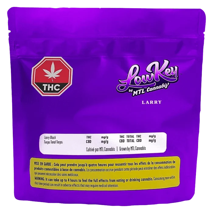 Front view of the Larry by MTL cannabis packaging with bold lettering and a colorful logo on a black background.