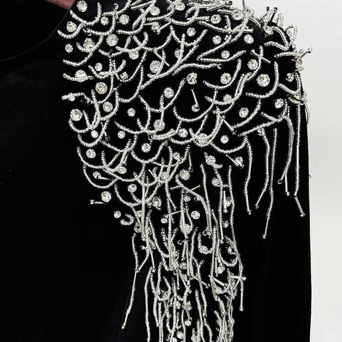Long Black Beaded Dress Long Sleeve Satin Mermaid Ball Gown