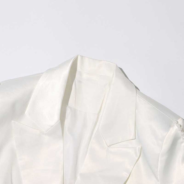 Long Sleeve Pearl Silk Suit White Hollow Tight Trousers Two-Piece Set
