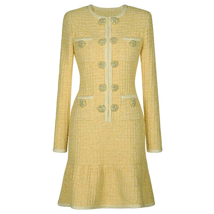 Long Sleeves Mid-Length Knitted Dresses Buttons Body-Con A-Line Dress