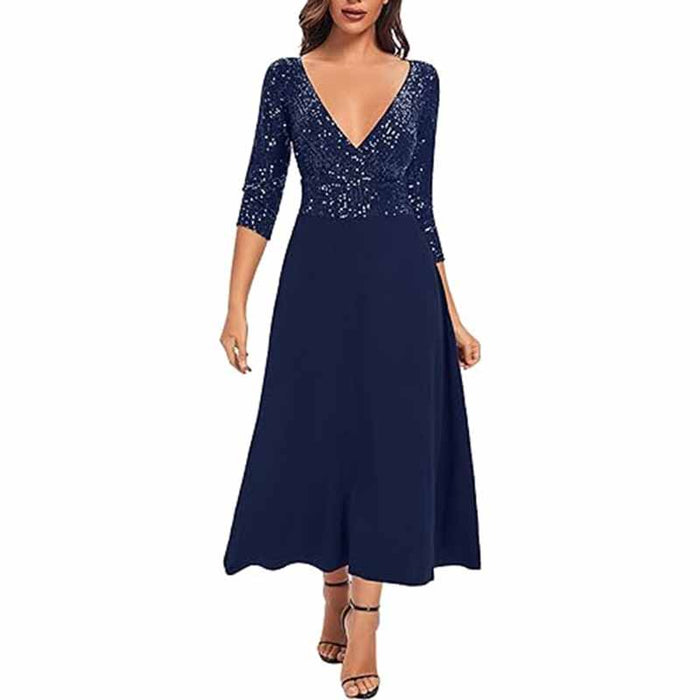 Long Sleeves Sequin Prom Dress V Neck Maxi Cocktail Dress