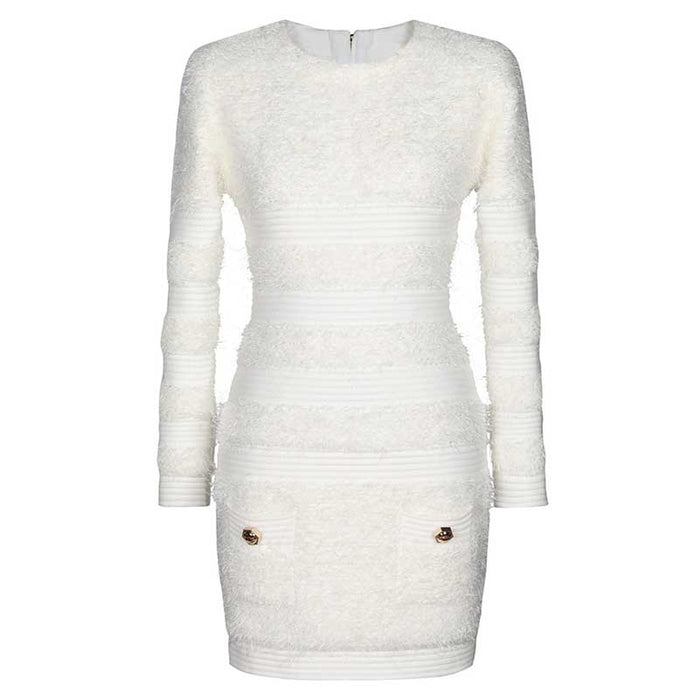 Long Sleeves Tailored Mini Dress in Textured Horsehair Fabric