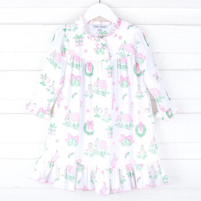 Nightgown - Pink and Green Christmas Toile