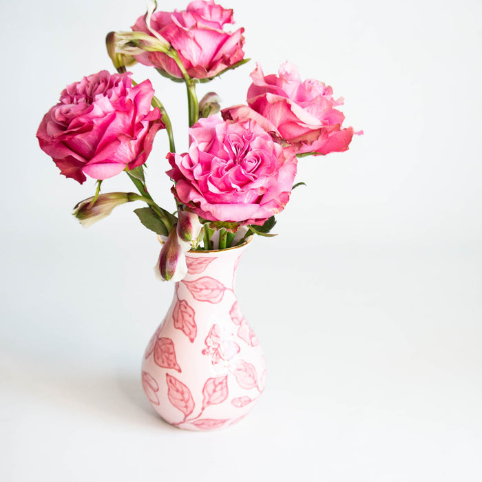 Pink Blossom Chinoiserie Emilene Stoneware Vase — Peony vase holding separately arranged roses; Susan Gordon Pottery