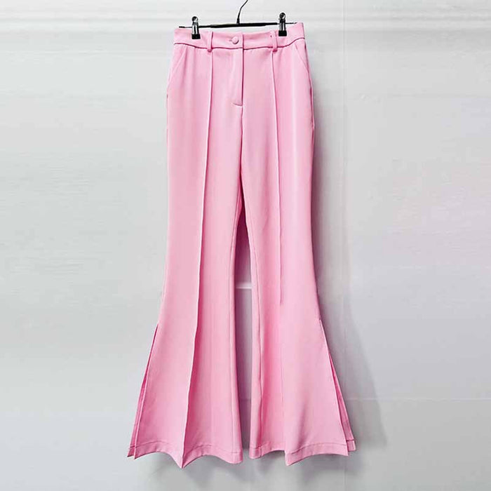 Stylish pink women's pantsuit for wedding with flared design and tailored fit