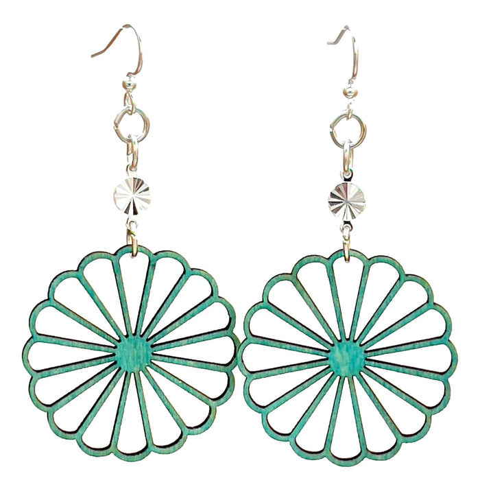 Pinwheel earrings with angled vanes, eco-friendly laser-cut jewelry made in USA