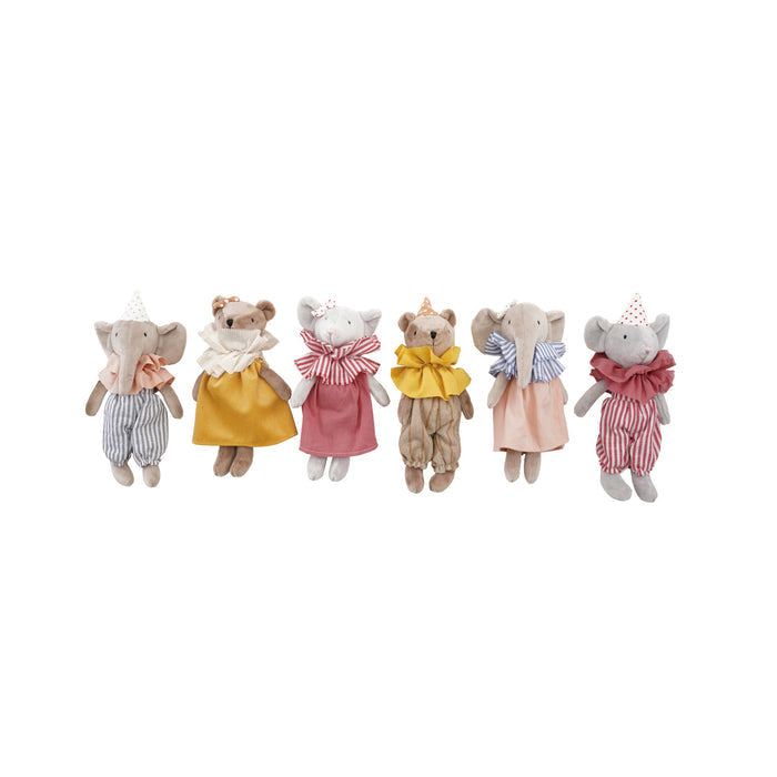 Set of six small plush toys in colorful outfits on a white background