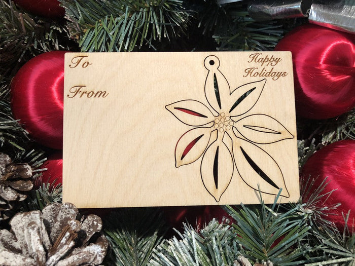 Poinsettia holiday card — card with pop-out wood poinsettia ornament, made in USA