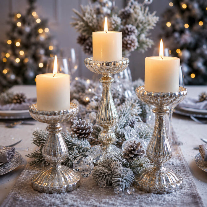 Ribbed Unique Mercury Glass Pillar Candle Holders with candles