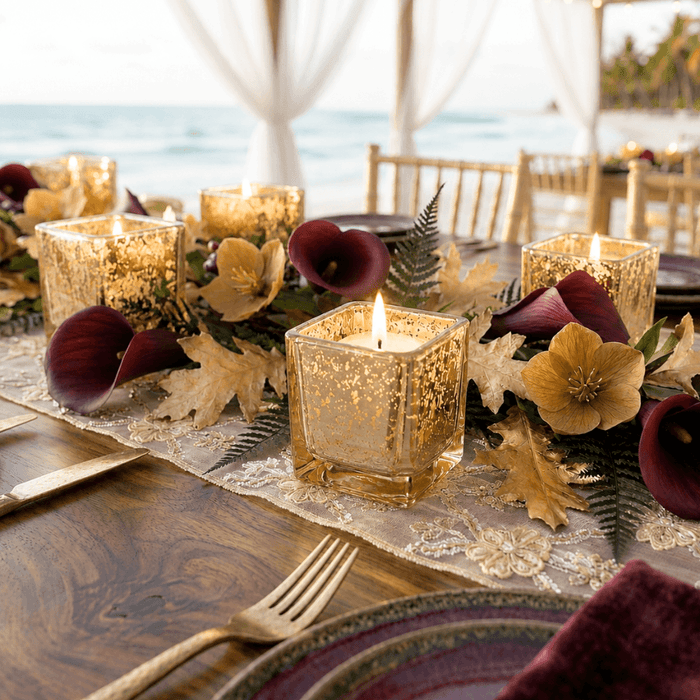 Metallic gold mercury square votive holders with elegant autumn beach table decor
