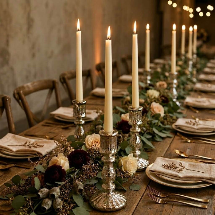 Rustic tablescape with ivory candles and elegant floral garland