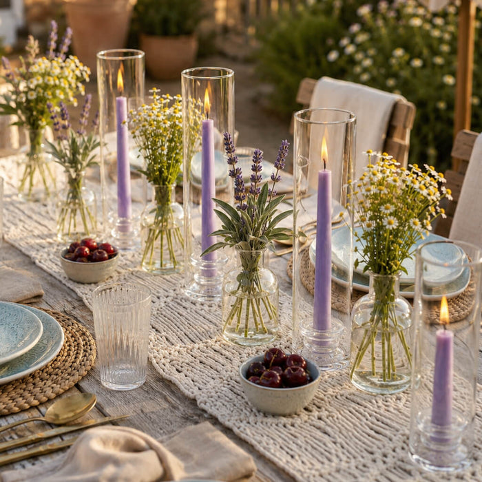 Lavender taper candles in glass holders with wildflower table setting