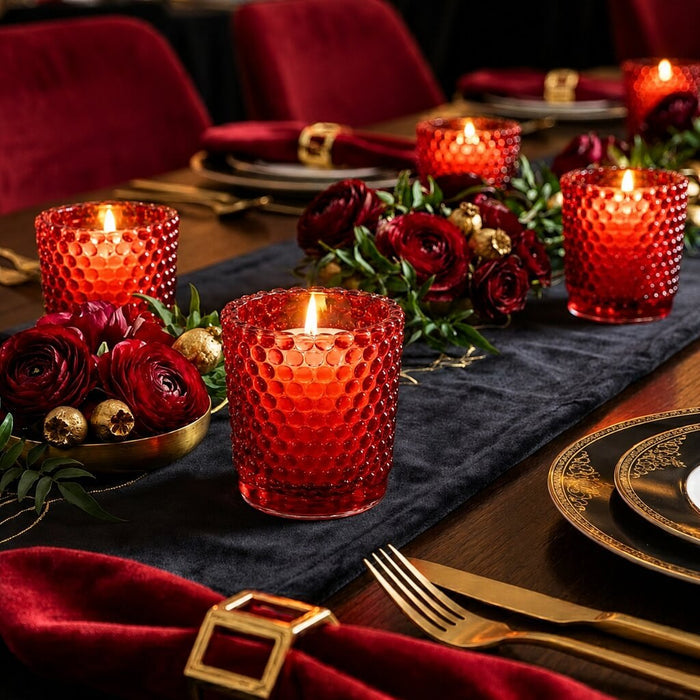 Red hobnail votive holders with lit candles and red floral centerpiece