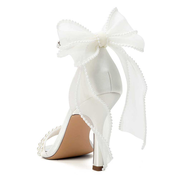 Satin Pearls Ankle Strap High Heels Bridal Shoes for Wedding Open Toe Formal Evening Dress Sandals